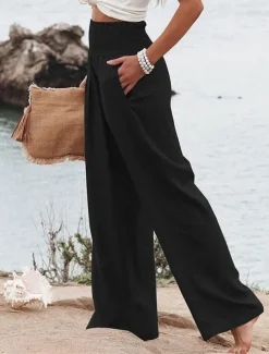 Women's Pants Fashion Basic Comfort Pure Color Pocket Elastic Waist Cotton Linen Pants Home Daily Long Pant Black White Pink Khaki Summer