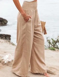 Women's Pants Fashion Basic Comfort Pure Color Pocket Elastic Waist Cotton Linen Pants Home Daily Long Pant Black White Pink Khaki Summer