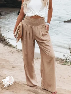 Women's Pants Fashion Basic Comfort Pure Color Pocket Elastic Waist Cotton Linen Pants Home Daily Long Pant Black White Pink Khaki Summer