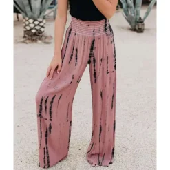 Women's Pants Trousers Casual Daily Long Tie Dye Wide Leg Elastic Waistband Printing Breathability Comfortable Micro-elastic Going out Weekend Pink Blue Green Gray Spring & Summer Regular Fit
