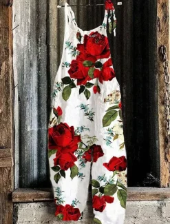 Women's Pants Trousers Dungarees Jumpsuit Rompers Lightweight Casual Ankle-Length Mid Rise Floral Graphic Printing Comfortable Inelastic Home Casual Daily claret Azure River Blue White Summer