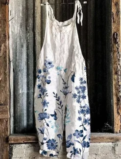 Women's Pants Trousers Dungarees Jumpsuit Rompers Lightweight Casual Ankle-Length Mid Rise Floral Graphic Printing Comfortable Inelastic Home Casual Daily claret Azure River Blue White Summer