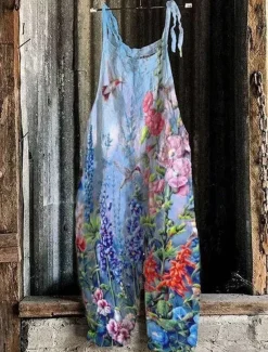 Women's Pants Trousers Dungarees Jumpsuit Rompers Lightweight Casual Ankle-Length Mid Rise Floral Graphic Printing Comfortable Inelastic Home Casual Daily claret Azure River Blue White Summer