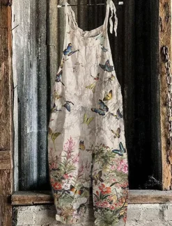 Women's Pants Trousers Dungarees Jumpsuit Rompers Lightweight Casual Ankle-Length Mid Rise Floral Graphic Printing Comfortable Inelastic Casual Daily Weekend Ginger Green ash-colored Golden