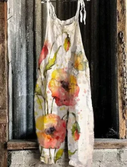 Women's Pants Trousers Dungarees Jumpsuit Rompers Lightweight Casual Ankle-Length Mid Rise Floral Graphic Printing Comfortable Inelastic Casual Daily Weekend Ginger Green ash-colored Golden