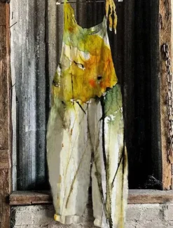 Women's Pants Trousers Dungarees Jumpsuit Rompers Lightweight Casual Ankle-Length Mid Rise Floral Graphic Printing Comfortable Inelastic Casual Daily Weekend Ginger Green ash-colored Golden