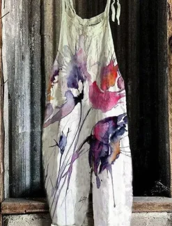 Women's Pants Trousers Dungarees Jumpsuit Rompers Lightweight Casual Ankle-Length Mid Rise Floral Graphic Printing Comfortable Inelastic Casual Daily Weekend Ginger Green ash-colored Golden