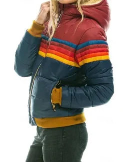 Women's Parka Outdoor Street Daily Fall Winter Regular Coat Regular Fit Windproof Warm Comtemporary Stylish Casual Jacket Long Sleeve Color Block Stripes with Pockets Full Zip Lake blue Black Dark