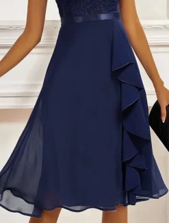 Women's Party Dress Lace Dress Cocktail Dress Midi Dress Dark Blue Short Sleeve Pure Color Lace Summer Spring Fall Crew Neck Fashion Wedding Guest Vacation Summer Dress S M L XL 2XL