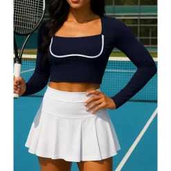Women's Patchwork Tennis Top Long Sleeve Contrast Binding Sweat-Wicking Moisture Wicking Breathable Tennis Golf Pickleball Square Black Dark Navy Blue Tennis Clothing