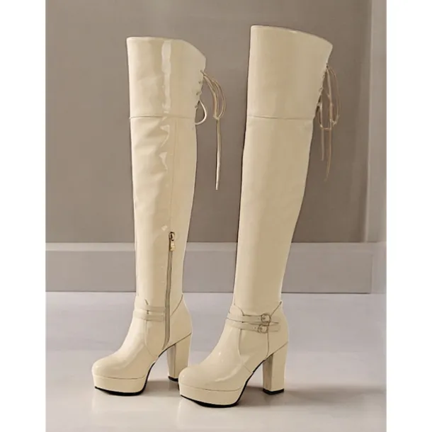 Women's Patent Faux Leather Thigh-High GoGo Platform Boots - Sleek Over-the-Knee Design with Block Heels and Buckle Detailing, Ideal for Parties and Fashion Statements
