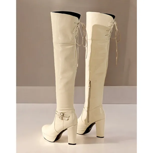 Women's Patent Faux Leather Thigh-High GoGo Platform Boots - Sleek Over-the-Knee Design with Block Heels and Buckle Detailing, Ideal for Parties and Fashion Statements
