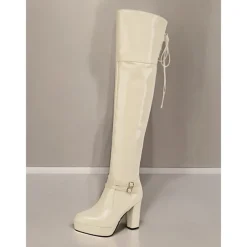 Women's Patent Faux Leather Thigh-High GoGo Platform Boots - Sleek Over-the-Knee Design with Block Heels and Buckle Detailing, Ideal for Parties and Fashion Statements