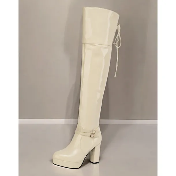 Women's Patent Faux Leather Thigh-High GoGo Platform Boots - Sleek Over-the-Knee Design with Block Heels and Buckle Detailing, Ideal for Parties and Fashion Statements