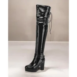 Women's Patent Faux Leather Thigh-High GoGo Platform Boots - Sleek Over-the-Knee Design with Block Heels and Buckle Detailing, Ideal for Parties and Fashion Statements