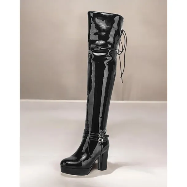 Women's Patent Faux Leather Thigh-High GoGo Platform Boots - Sleek Over-the-Knee Design with Block Heels and Buckle Detailing, Ideal for Parties and Fashion Statements