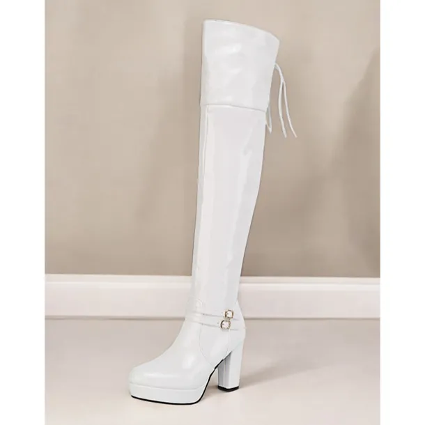 Women's Patent Faux Leather Thigh-High GoGo Platform Boots - Sleek Over-the-Knee Design with Block Heels and Buckle Detailing, Ideal for Parties and Fashion Statements