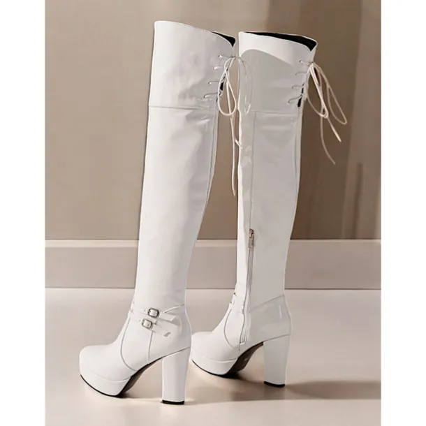 Women's Patent Faux Leather Thigh-High GoGo Platform Boots - Sleek Over-the-Knee Design with Block Heels and Buckle Detailing, Ideal for Parties and Fashion Statements