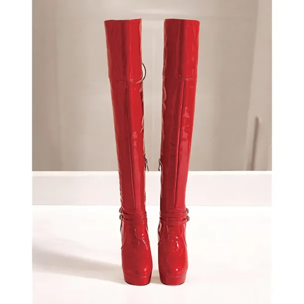 Women's Patent Faux Leather Thigh-High GoGo Platform Boots - Sleek Over-the-Knee Design with Block Heels and Buckle Detailing, Ideal for Parties and Fashion Statements