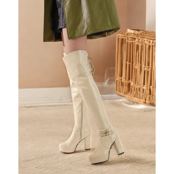 Women's Patent Faux Leather Thigh-High GoGo Platform Boots - Sleek Over-the-Knee Design with Block Heels and Buckle Detailing, Ideal for Parties and Fashion Statements