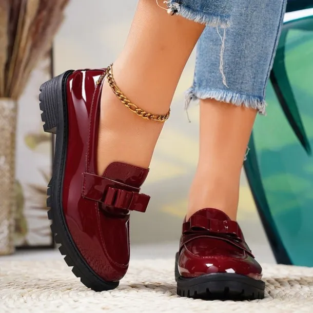 Women's Patent Leather Chunky Loafers with Bow Detail – Stylish Casual Slip-On Shoes for Everyday Wear
