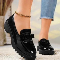 Women's Patent Leather Chunky Loafers with Bow Detail – Stylish Casual Slip-On Shoes for Everyday Wear