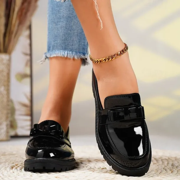 Women's Patent Leather Chunky Loafers with Bow Detail – Stylish Casual Slip-On Shoes for Everyday Wear