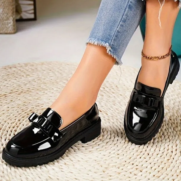 Women's Patent Leather Chunky Loafers with Bow Detail – Stylish Casual Slip-On Shoes for Everyday Wear