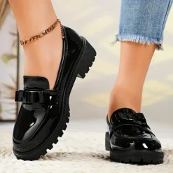 Women's Patent Leather Chunky Loafers with Bow Detail – Stylish Casual Slip-On Shoes for Everyday Wear