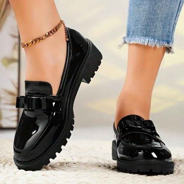Women's Patent Leather Chunky Loafers with Bow Detail – Stylish Casual Slip-On Shoes for Everyday Wear