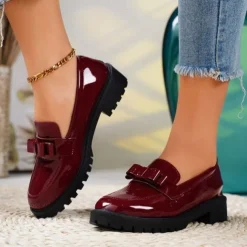 Women's Patent Leather Chunky Loafers with Bow Detail – Stylish Casual Slip-On Shoes for Everyday Wear