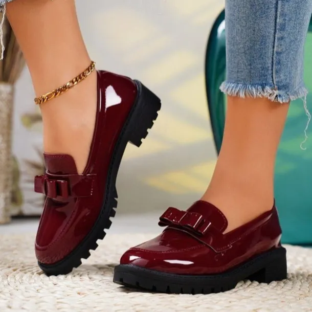 Women's Patent Leather Chunky Loafers with Bow Detail – Stylish Casual Slip-On Shoes for Everyday Wear