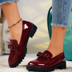 Women's Patent Leather Chunky Loafers with Bow Detail – Stylish Casual Slip-On Shoes for Everyday Wear