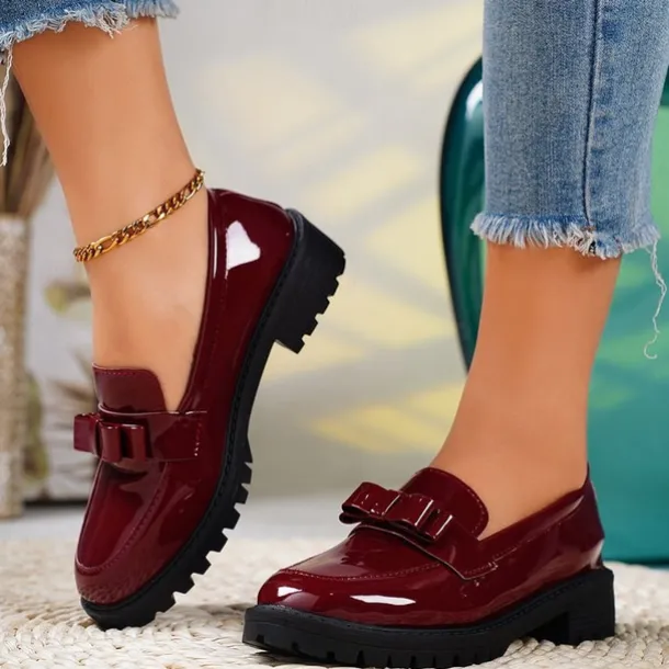 Women's Patent Leather Chunky Loafers with Bow Detail – Stylish Casual Slip-On Shoes for Everyday Wear