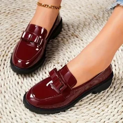 Women's Patent Leather Chunky Loafers with Bow Detail – Stylish Casual Slip-On Shoes for Everyday Wear