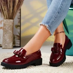 Women's Patent Leather Chunky Loafers with Bow Detail – Stylish Casual Slip-On Shoes for Everyday Wear
