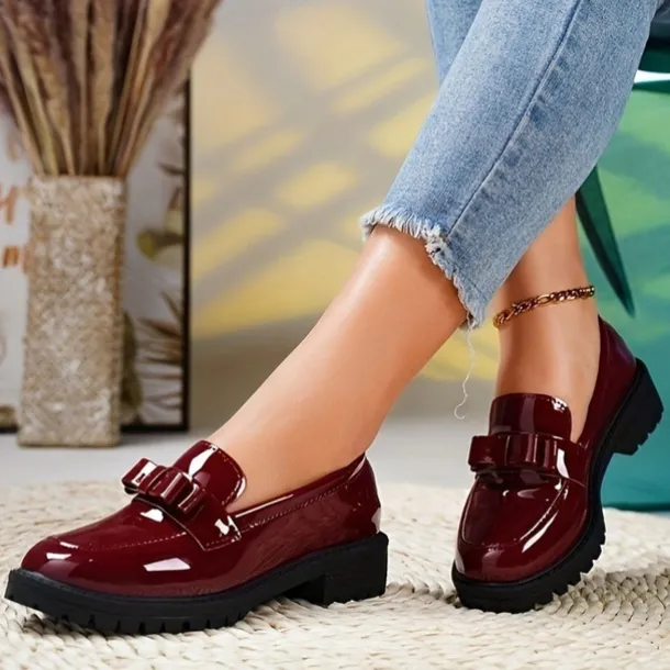 Women's Patent Leather Chunky Loafers with Bow Detail – Stylish Casual Slip-On Shoes for Everyday Wear