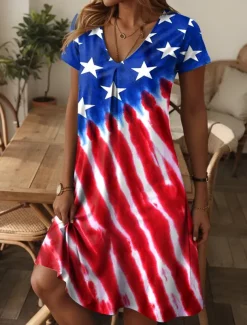 Women's Patriot Veteran Patriotic Dress Mini Dress T Shirt Dress Summer Dress Casual Daily Regular Fit Graphic Flag Red White And Blue Short Sleeve V Neck Blue