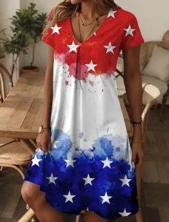 Women's Patriot Veteran Patriotic Dress Mini Dress T Shirt Dress Summer Dress Casual Daily Regular Fit Graphic Flag Red White And Blue Short Sleeve V Neck Blue
