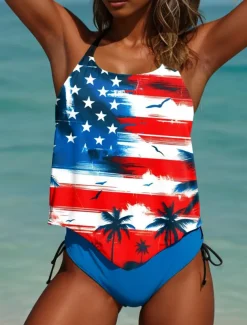 Women's Patriot Veteran Swimsuit Patriotic Tankini 2 Piece Cheeky Swimsuit Backless Vacation Beach Wear Flag U Neck Sleeveless Bathing Suits