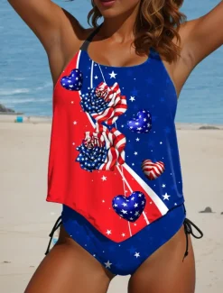 Women's Patriot Veteran Swimsuit Patriotic Tankini 2 Piece Cheeky Swimsuit Backless Vacation Beach Wear Flag U Neck Sleeveless Bathing Suits