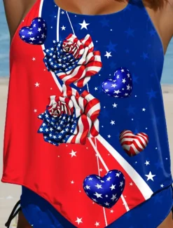 Women's Patriot Veteran Swimsuit Patriotic Tankini 2 Piece Cheeky Swimsuit Backless Vacation Beach Wear Flag U Neck Sleeveless Bathing Suits