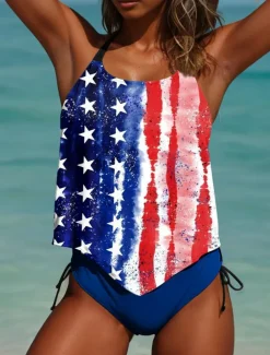 Women's Patriot Veteran Swimsuit Patriotic Tankini 2 Piece Cheeky Swimsuit Backless Vacation Beach Wear Flag U Neck Sleeveless Bathing Suits
