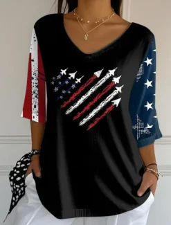 Women's Patriotic Blouse Graphic Flag Vintage Tropical Stylish 3/4 Length Sleeve V Neck Regular Tops Daily Print Black White Red Blue Summer Spring