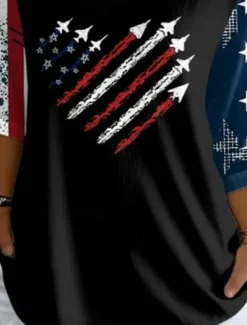 Women's Patriotic Blouse Graphic Flag Vintage Tropical Stylish 3/4 Length Sleeve V Neck Regular Tops Daily Print Black White Red Blue Summer Spring