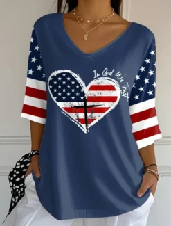 Women's Patriotic Blouse Graphic Flag Vintage Tropical Stylish 3/4 Length Sleeve V Neck Regular Tops Daily Print Black White Red Blue Summer Spring