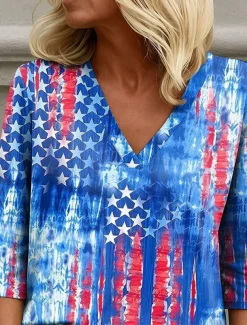 Women's Patriotic Blouse Graphic Flag Elegant Stylish Casual 3/4 Length Sleeve V Neck Regular Tops Daily Holiday Going out Print Blue Summer Spring