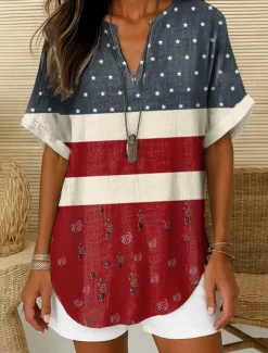 Women's Patriotic Blouse Ombre Graphic Flag Elegant Vintage Tropical Short Sleeve V Neck Notched Neck Regular Tops Daily Holiday White Red Navy Blue Blue Sky Blue