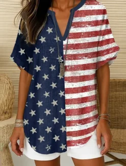 Women's Patriotic Blouse Ombre Graphic Flag Elegant Vintage Tropical Short Sleeve V Neck Notched Neck Regular Tops Daily Holiday White Red Navy Blue Blue Sky Blue