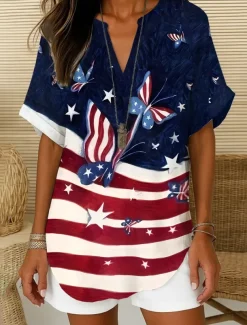 Women's Patriotic Blouse Ombre Graphic Flag Elegant Vintage Tropical Short Sleeve V Neck Notched Neck Regular Tops Daily Holiday White Red Navy Blue Blue Sky Blue